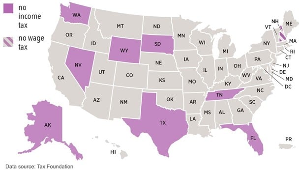 Map of USA highlighting states with no income tax on wages