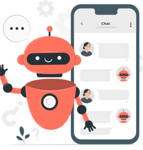 AI chatbot robot engaging with a user via a mobile chat interface, symbolizing AI for data insights and business intelligence